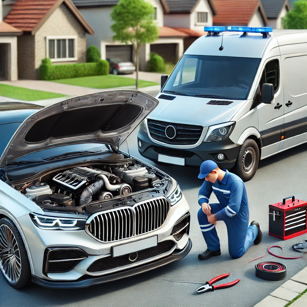 خدمة الورشة المتنقلة - فني يعمل على سيارة BMW في منطقة سكنية